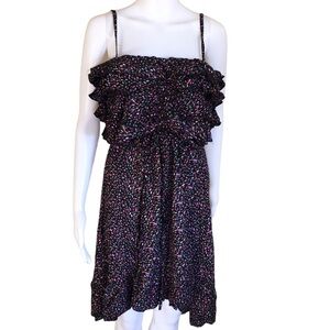 NWT STUDIO SPA Confetti Print Sleeveless Dress W Tiered Ruffle Overlay Black L